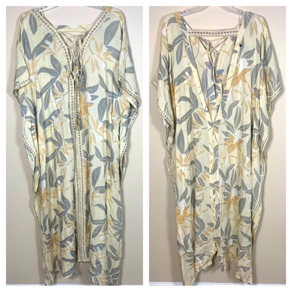 Z&L Tropical Leaf Print Kaftan Maxi Dress Metallic Embroidery Tassel - Picture 1 of 14